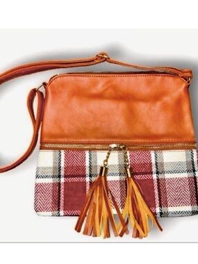 Faux Leather Burgundy Plaid Crossbody Purse w/ Adjustable Strap & Tassels, New
